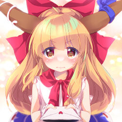Rule 34 | 1girl, blonde hair, blue bow, blue skirt, blush, bow, brown eyes, brown horns, closed mouth, commentary request, commission, confession, enjoy mix, flat chest, hair bow, heart, highres, holding, holding letter, horn bow, horn ornament, horns, ibuki suika, incoming gift, letter, long hair, looking at viewer, love letter, red bow, red scarf, scarf, shirt, sidelocks, skeb commission, skirt, sleeveless, sleeveless shirt, solo, touhou, upper body, v-shaped eyebrows, very long hair, wavy mouth, white shirt, wrist cuffs