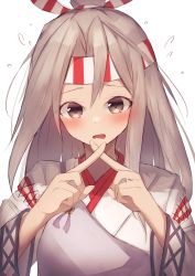 Rule 34 | 1girl, commentary request, crossed fingers, hachimaki, headband, high ponytail, highres, japanese clothes, kantai collection, kyawadayooo, light brown hair, looking at viewer, muneate, ponytail, simple background, solo, upper body, white background, x fingers, zuihou (kancolle)