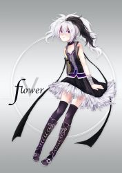 Rule 34 | 1girl, 71pen, bandages, bare shoulders, black hair, black skirt, blush, boots, character name, choker, collarbone, corset, cross-laced footwear, detached sleeves, flower (vocaloid), flower (vocaloid3), full body, gradient background, highres, lace-up boots, long hair, long sleeves, looking away, multicolored eyes, multicolored hair, open mouth, over-kneehighs, purple eyes, red eyes, skirt, skirt set, solo, thighhighs, torn clothes, torn skirt, two-tone hair, vest, vocaloid, white hair, zettai ryouiki