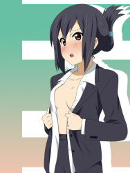 Rule 34 | 1girl, alternate hairstyle, black hair, blush, breasts, brown eyes, business suit, face, formal, ikari manatsu, k-on!, md5 mismatch, nakano azusa, no bra, aged up, open clothes, open shirt, shirt, solo, suit, sweat