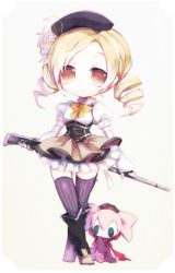 Rule 34 | 10s, 1girl, bad id, bad pixiv id, beret, black thighhighs, blonde hair, boots, bow, brown eyes, brown thighhighs, charlotte (madoka magica), corset, creature, crossed legs, detached sleeves, dress, drill hair, fingerless gloves, frills, full body, gathers, gloves, gradient background, gun, hair ornament, hairpin, hat, knee boots, magical girl, magical musket, mahou shoujo madoka magica, mahou shoujo madoka magica (anime), mnr unk, pleated skirt, puffy sleeves, ribbon, rifle, shirt, short hair, simple background, skirt, standing, striped clothes, striped thighhighs, taut clothes, taut shirt, thighhighs, thighhighs under boots, tomoe mami, twin drills, twintails, vertical-striped clothes, vertical-striped thighhighs, weapon, yellow bow, zettai ryouiki