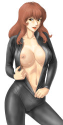 Rule 34 | 1girl, bodysuit, breasts, breasts apart, brown eyes, brown hair, collarbone, highres, huge breasts, lipstick, long hair, looking to the side, lupin iii, makeup, mine fujiko, nipples, no bra, open bodysuit, open clothes, parted lips, red lips, skin tight, smile, solo, toten (der fuhrer), unzipping, white background