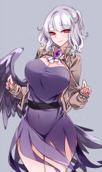 Rule 34 | 1girl, braid, breasts, brown jacket, cleavage, closed mouth, covered navel, cowboy shot, dress, feathered wings, grey background, grey hair, grey wings, highres, jacket, kishin sagume, large breasts, long sleeves, open clothes, open jacket, purple dress, raptor7, red eyes, short hair, simple background, single wing, solo, touhou, wings