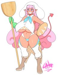 Rule 34 | bread, breasts, demon tail, food, gigantic breasts, long hair, navel, pink hair, pizza paddle, smile, tail, theycallhimcake, underboob