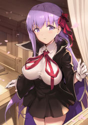 Rule 34 | 1girl, bb (fate), black coat, black skirt, blush, breasts, classroom, coat, curtains, fate/extra, fate/extra ccc, fate (series), gloves, hair ribbon, haoni, high-waist skirt, large breasts, leotard, long hair, long sleeves, looking at viewer, neck ribbon, open clothes, open coat, open window, petals, popped collar, purple eyes, purple hair, red ribbon, ribbon, skirt, solo, thighs, very long hair, white gloves, white leotard, wide sleeves, window