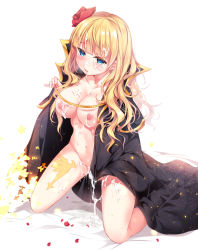 Rule 34 | 1girl, beatrice, beatrice (umineko), bed, blonde hair, blue eyes, blush, breasts, bug, bukkake, butterfly, cape, covering privates, covering crotch, cum, cum on body, cum on hair, functionally nude, hair ornament, bug, kneeling, large breasts, murasakio, open mouth, petals, rose petals, solo focus, tattoo, topless, umineko no naku koro ni