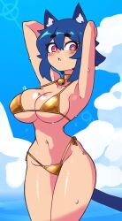 Rule 34 | 1girl, absurdres, animal ear fluff, animal ears, armpits, arms up, bell, bikini, blue hair, blush, body freckles, breasts, cat ears, cat girl, cat tail, choker, cleavage, cloud, collarbone, cowboy shot, doce, female focus, freckles, gold bikini, gold panties, hair between eyes, highres, jingle bell, large breasts, navel, original, parted lips, pink eyes, short hair, sky, solo, swimsuit, tail, thighs, wet, xiao (docecaedrus)