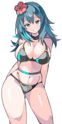 Rule 34 | bikini, blue hair, breasts, byleth (female) (fire emblem), byleth (fire emblem), enpe, fire emblem, fire emblem: three houses, fire emblem heroes, flower, flower on head, highres, intelligent systems, large breasts, navel, nintendo, smile, swimsuit, thighs