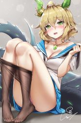 Rule 34 | 1girl, ahoge, bare shoulders, black neckerchief, blonde hair, blue sailor collar, blue skirt, blush, breasts, brown pantyhose, clothes lift, clothes pull, collarbone, crown, dragon girl, dragon horns, dragon tail, drooling, feet, green eyes, hair between eyes, highres, horns, jewelry, large breasts, legs, looking at viewer, mini crown, miniskirt, neckerchief, necklace, no bra, nose blush, open mouth, original, panties, pantyhose, pantyhose pull, pink panties, pleated skirt, pointy ears, sailor collar, saliva, school uniform, shirt pull, short hair, short sleeves, sitting, skirt, skirt lift, solo, sweat, tail, thighs, underwear, wet.elephant, zipper pull tab