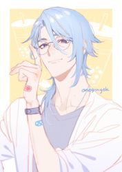 Rule 34 | 1boy, alternate costume, bandaid, bandaid on arm, bandaid on hand, bespectacled, blue hair, bubble tea, closed mouth, commentary, cup, disposable cup, genshin impact, glasses, kamisato ayato, looking at viewer, male focus, mole, mole under mouth, onegingek, purple eyes, shirt, signature, simple background, solo, symbol-only commentary, upper body, watch, wristwatch