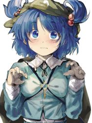 Rule 34 | 1girl, backpack, bad id, bad twitter id, bag, blue eyes, blue hair, blush, bow, colorized, embarrassed, geppewi, hair bobbles, hair ornament, hat, kawashiro nitori, key, long sleeves, looking at viewer, matching hair/eyes, shirt, short hair, simple background, sketch, solo, surprised, sweat, touhou, twintails, two side up, wavy mouth, white background, white shirt