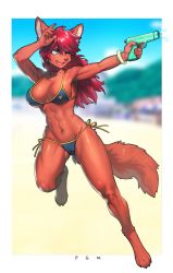 1girl absurdres animal_ears armpits artist_name bikini blue_eyes blurry blurry_background border breasts brown_fur commission fang full_body furry furry_female highres holding holding_water_gun large_breasts long_hair navel one_eye_closed open_mouth original pgm300 red_hair solo swimsuit tail tongue water_gun watermark white_border