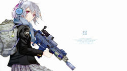 Rule 34 | 1girl, artist request, assault rifle, bag, character request, copyright request, dress, eotech, gun, highres, looking at viewer, monkey, pink eyes, rifle, school uniform, solo, source request, weapon, white background, white hair