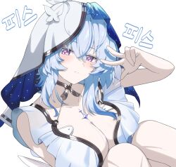 Rule 34 | 1girl, blue hair, blue veil, breasts, cleavage, closed mouth, commentary request, diamond-shaped pupils, diamond (shape), dress, hair between eyes, highres, knees up, korean commentary, lancer (worudrleh1), large breasts, light blush, long hair, looking at viewer, md5 mismatch, purple eyes, purple pupils, simple background, solo, symbol-shaped pupils, tacet mark (wuthering waves), the shorekeeper (wuthering waves), two-tone veil, upper body, w, white background, white dress, white veil, wuthering waves