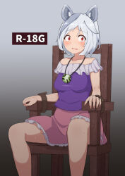 Rule 34 | 1girl, animal ears, bare legs, breasts, collarbone, commentary request, dog ears, frilled shirt, frilled skirt, frills, grey hair, highres, jewelry, mani padme, medium breasts, mitsugashira enoko, multicolored hair, necklace, off-shoulder shirt, off shoulder, open mouth, pink skirt, purple shirt, red eyes, saw (movie), shirt, short hair, skirt, solo, tied to chair, touhou, trapped, two-tone hair, white hair, wooden chair, worried