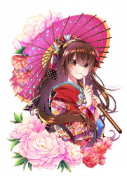 Rule 34 | 1girl, brown eyes, brown hair, closed mouth, floating hair, floral print, flower, furisode, hair between eyes, hihooo, holding, holding umbrella, index finger raised, japanese clothes, kimono, long hair, long sleeves, looking at viewer, oil-paper umbrella, original, pink flower, pink umbrella, print kimono, red kimono, simple background, smile, solo, umbrella, very long hair, white background, white flower, yukata