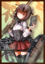 Rule 34 | 10s, 1girl, bike shorts, bike shorts under skirt, blush, boots, bow (weapon), brown eyes, brown hair, clip (weapon), crossbow, flat chest, headband, headgear, kantai collection, light smile, magazine (weapon), personification, pleated skirt, sakuno shion, short hair, shorts, shorts under skirt, skirt, solo, taihou (kancolle), thigh boots, thighhighs, weapon