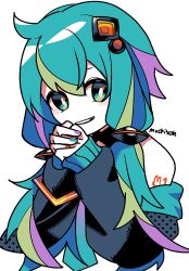 Rule 34 | 1girl, aqua eyes, aqua hair, artist name, bare shoulders, black jacket, commentary, cosplay, grin, hair between eyes, hair ornament, halftone, hatsune miku, highres, jacket, long hair, long sleeves, looking at viewer, low twintails, machigami yoh, multicolored hair, multicolored nails, nail polish, number tattoo, off shoulder, own hands together, rabbit tattoo, shoulder tattoo, signature, simple background, sleeves past wrists, smile, solo, streaked hair, tattoo, twintails, upper body, vocaloid, white background, yuzuki yukari, yuzuki yukari (cosplay)