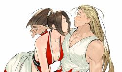Rule 34 | 1boy, 1girl, andy bogard, arm guards, bare shoulders, blonde hair, breasts, cleavage, closed eyes, collarbone, couple, fatal fury, hair down, high ponytail, incoming attack, long hair, medium breasts, nervous, ninja, ponytail, revealing clothes, rope, shiranui mai, sideboob, snk, sweat, nervous sweating, the king of fighters, yaka (kk1177)
