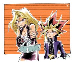 Rule 34 | 1boy, 1girl, asa03sk, black hair, blonde hair, breasts, clenched teeth, commentary request, duel disk, height difference, kujaku mai, long hair, medium breasts, millennium puzzle, purple eyes, red eyes, red hair, spiked hair, teeth, trembling, yami yugi, yu-gi-oh!, yu-gi-oh! duel monsters