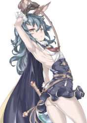 Rule 34 | 10s, 1girl, animal ears, arm up, armpits, ass, black cape, black gloves, blue hair, blush, breasts, brown eyes, cape, closed mouth, cowboy shot, ebifurya, erune, eyebrows, ferry (granblue fantasy), from side, frown, gloves, granblue fantasy, hair between eyes, highres, holding, holding whip, long hair, looking at viewer, rabbit ears, ribs, simple background, sleeveless, small breasts, solo, standing, thighs, wavy hair, whip, white background