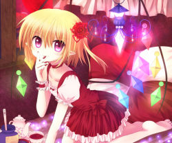 Rule 34 | 1girl, barefoot, blonde hair, chandelier, cup, female focus, flandre scarlet, haiiro (immature), pointy ears, ponytail, purple eyes, red eyes, short hair, side ponytail, solo, teacup, teapot, embodiment of scarlet devil, touhou, wings, wrist cuffs
