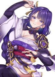 Rule 34 | 1girl, absurdres, arm up, armor, braid, breasts, bridal gauntlets, cleavage, commentary request, flower, genshin impact, hair ornament, highres, huge filesize, izzu, japanese clothes, kimono, large breasts, long hair, looking at viewer, mitsudomoe (shape), mole, mole under eye, obi, obiage, obijime, open mouth, purple eyes, purple flower, purple hair, raiden shogun, ribbon, sash, shoulder armor, simple background, solo, tassel, thighhighs, tomoe (symbol), white background