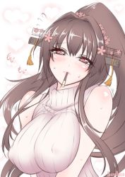 Rule 34 | 10s, 1girl, alternate costume, bad id, bad pixiv id, blush, breasts, brown hair, cherry blossoms, covered erect nipples, flower, flying sweatdrops, food, hair flower, hair ornament, headgear, kantai collection, large breasts, long hair, looking at viewer, mouth hold, pocky, ponytail, red eyes, ribbed sweater, sleeveless, sleeveless turtleneck, solo, suzuneko (yume no kyoukai), sweater, tears, turtleneck, yamato (kancolle)