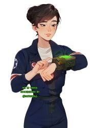 Rule 34 | 1girl, artist name, blue overalls, brown hair, commission, english text, fallout (series), freckles, green eyes, hair bun, highres, lavelis, lips, long sleeves, looking down, original, overalls, parted lips, pip boy, scar, scar across eye, scar on face, shirt, simple background, single hair bun, smile, solo, standing, twitter username, upper body, white background, white shirt