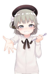 Rule 34 | 1girl, atg (wttoo0202), beret, black bow, black hat, black ribbon, blush, bow, collared shirt, flower, grey eyes, grin, hair flower, hair ornament, hair rings, hat, hatoba tsugu, highres, holding, holding toothbrush, long sleeves, looking at viewer, mole, mole under eye, outstretched arm, pantyhose, ribbon, rose, shirt, silver hair, simple background, smile, solo, toothbrush, upper body, virtual youtuber, white flower, white pantyhose, white rose, white shirt