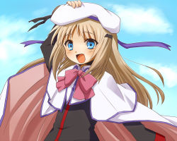 Rule 34 | 1girl, bad id, bad pixiv id, blonde hair, blue eyes, bow, cape, fang, hat, little busters!, long hair, noumi kudryavka, pink bow, school uniform, solo, suiki isuka
