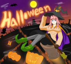 Rule 34 | 1girl, anemone11, blue eyes, broom, broom riding, full moon, gloves, grave, grey pantyhose, halloween, hat, holding, jack-o&#039;-lantern, lantern, looking at viewer, md5 mismatch, moon, mortar (bowl), original, pantyhose, pink hair, pumpkin, resolution mismatch, shadow, short hair, skirt, sky, smile, solo, source larger, witch, witch hat