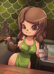 Rule 34 | 1girl, absurdres, animal crossing, apron, barista, blush, borrowed character, breasts, brown eyes, brown hair, cleavage, coffee, coffee cup, coffee pot, collarbone, cup, disposable cup, drink, green apron, highres, holding, large breasts, looking at viewer, naked apron, nintendo, short hair, smile, soandnb, standing, starbucks, villager (animal crossing), wide hips