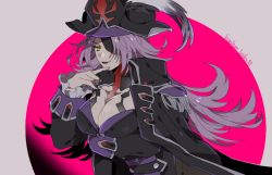 Rule 34 | 1girl, breasts, cleavage, colored skin, dahut (fate), epaulettes, eyepatch, fate/grand order, fate (series), francis drake (fate), grey skin, hat, jacket, large breasts, light purple hair, long hair, namahamu (hmhm 81), pirate hat, purple hair, solo, zombie