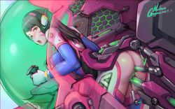 Rule 34 | 1girl, absurdres, ass, ass cutout, bad id, bad pixiv id, brown eyes, brown hair, clothing cutout, cockpit, covered erect nipples, cross-section, d.va (overwatch), facial mark, gorgeous mushroom, headphones, highres, long hair, looking back, mecha, overwatch, overwatch 1, parted lips, robot, sex machine, skin tight, solo, whisker markings