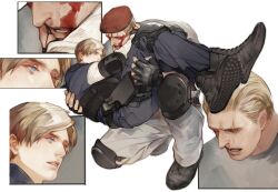 Rule 34 | 2boys, absurdres, bara, black pants, black shirt, blonde hair, blood, blood on face, blue eyes, brown hair, bulletproof vest, carrying, carrying person, couple, grey pants, highres, injury, jack krauser, knee pads, leon s. kennedy, looking at another, male focus, multiple boys, muscular, muscular male, open mouth, pants, parted lips, princess carry, resident evil, resident evil 4, resident evil 4 (remake), scar, scar across eye, scar on face, scar on mouth, shirt, short hair, vetania, white shirt, yaoi