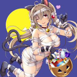 Rule 34 | ;p, ahoge, animal ears, bandages, bare shoulders, basket, bell, black gloves, blush, breasts, brown hair, candy, candy cane, cat ears, cat tail, cleavage, collar, commentary request, fake animal ears, fake tail, food, gloves, hair between eyes, heart, holding, holding basket, holding food, jingle bell, kantai collection, kuromayu, large breasts, lollipop, long hair, looking at viewer, murasame (kancolle), naked bandage, one eye closed, pumpkin, red eyes, skindentation, solo, tail, tongue, tongue out, translation request, twintails, two-tone background, very long hair