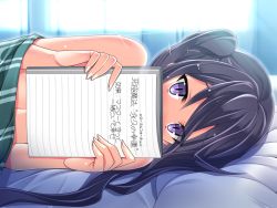 Rule 34 | 1girl, akaza, blush, change! ano ko ni natte kunkun peropero, covering own mouth, eyes visible through hair, long hair, looking at viewer, lying, morning, nose blush, notebook, nude, on bed, on side, pov across bed, purple eyes, purple hair, solo, tanabe rumia, translation request, twintails, under covers