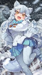 Rule 34 | 1girl, absurdres, animal ears, arctic fox (kemono friends), blizzard, blue bow, blue bowtie, blue skirt, blush, boots, bow, bowtie, capelet, fox ears, fox girl, fox tail, fur trim, gloves, hair ornament, highres, jacket, kemono friends, long hair, long sleeves, looking at viewer, melaton, open mouth, orange eyes, pantyhose, pleated skirt, sidelocks, skirt, smile, snowing, solo, standing, standing on one leg, tail, white capelet, white footwear, white fur, white gloves, white hair, white jacket, white pantyhose, winter