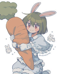Rule 34 | 1girl, animal ears, blue bow, blue shirt, blush, bow, capelet, carrot, commentary, cowboy shot, fur-trimmed capelet, fur-trimmed shorts, fur trim, gloves, green hair, grey capelet, grey shorts, highres, holding, holding stuffed toy, idolmaster, idolmaster million live!, idolmaster million live! theater days, jumping, looking at viewer, nagayoshi subaru, oversized object, rabbit, rabbit ears, red eyes, shirt, shorts, simple background, smile, solo, sparkle, stuffed food, stuffed toy, sushitarou, twitter username, white background, white gloves