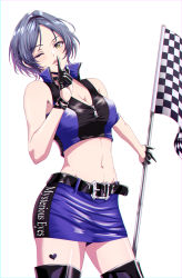 Rule 34 | 1girl, bad id, bad pixiv id, bare shoulders, belt, belt buckle, black footwear, black gloves, blue hair, boots, breasts, buckle, checkered flag, cleavage, collared jacket, cropped jacket, finger to mouth, flag, gloves, half gloves, hayami kanade, highres, holding, holding flag, idolmaster, idolmaster cinderella girls, jacket, koya (koya x 00), light blush, lipstick, looking at viewer, makeup, medium breasts, miniskirt, multicolored clothes, multicolored jacket, navel, one eye closed, parted bangs, parted lips, race queen, short hair, shorts, shorts under skirt, shushing, simple background, skirt, sleeveless, sleeveless jacket, solo, thigh boots, thighhighs, two-tone jacket, two-tone skirt, white background, yellow eyes, zipper, zipper pull tab