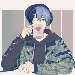 Rule 34 | 1boy, aoyagi touya, asymmetrical sleeves, bandaid, bandaid on hand, black hat, black hoodie, blue eyes, blue hair, blue hat, blue jacket, buckle, buttons, character name, commentary, covered mouth, cup, dizzy trap (project sekai), drawstring, english commentary, fingernails, grey background, hair between eyes, hat, heart, heart print, highres, holding, holding cup, hood, hood down, hoodie, jacket, layered sleeves, long sleeves, looking to the side, male focus, mismatched sleeves, mole, mole under eye, mug, multicolored clothes, multicolored hair, multicolored jacket, plaid, plaid jacket, pocket, print mug, project sekai, short hair, short over long sleeves, short sleeves, sohu, two-sided fabric, two-sided jacket, two-tone background, two-tone hair, two-tone headwear, white background