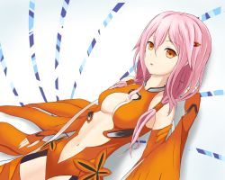 Rule 34 | 10s, 1girl, bare shoulders, breasts, center opening, cleavage, detached sleeves, fingerless gloves, gloves, guilty crown, hair ornament, hairclip, highres, long hair, looking at viewer, lying, monoku, navel, open mouth, pink hair, red eyes, solo, twintails, yuzuriha inori
