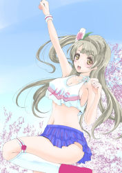 Rule 34 | 10s, 1girl, arm up, blue sky, blush, breasts, brown eyes, covered erect nipples, crop top, flower, frapowa, grey hair, hair flower, hair ornament, large breasts, leg up, long hair, looking at viewer, love live!, love live! school idol project, midriff, minami kotori, navel, no bra, no panties, open mouth, outdoors, plant, shoes, skirt, sky, solo, sparkle, tank top, thighhighs