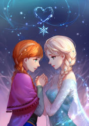 Rule 34 | 2girls, anna (frozen), ask (askzy), bare shoulders, blonde hair, blush, braid, breasts, dress, elsa (frozen), eye contact, frozen (disney), green eyes, holding hands, highres, long hair, looking at another, medium breasts, multiple girls, orange hair, sequins, siblings, sisters, smile, snowflakes, twin braids