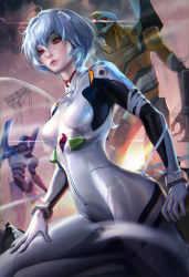 Rule 34 | 1girl, ayanami rei, blue hair, bodysuit, breasts, eva 00, female focus, highres, lens flare, mecha, neon genesis evangelion, parted lips, plugsuit, red eyes, robot, sakimichan, short hair, skin tight, small breasts, solo, sunset
