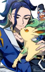 Rule 34 | 2boys, adaman (pokemon), bad id, bad twitter id, black shirt, blue coat, blue hair, brown eyes, closed mouth, coat, collar, commentary request, creatures (company), eyebrow cut, fingernails, floral print, game freak, gen 4 pokemon, green hair, half-closed eyes, highres, hisuian voltorb, holding, holding pokemon, jewelry, leafeon, looking down, male focus, melli (pokemon), multicolored hair, multiple boys, neck ring, nintendo, pokemon, pokemon (creature), pokemon legends: arceus, shirt, smile, twitter username, usachangm, white background