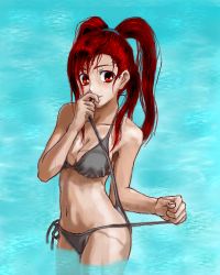 Rule 34 | 00s, 1girl, bikini, blush, breasts, cleavage, creatures (company), flannery (pokemon), game freak, gym leader, hizumi (s05a1064), long hair, lowres, navel, nintendo, pokemon, pokemon rse, ponytail, red eyes, red hair, side-tie bikini bottom, solo, swimsuit, undressing, untying, water