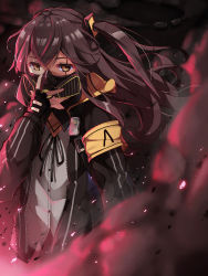 Rule 34 | 1girl, arm at side, armband, belt, black gloves, black ribbon, brown eyes, brown hair, buckle, buttons, explosive, fingerless gloves, floating hair, gas mask, girls&#039; frontline, gloves, grenade, gun, hair between eyes, hair ornament, hand on mask, highres, hood, hooded jacket, jacket, light particles, long hair, looking at viewer, mask, multiple girls, one side up, pot-palm, ribbon, scar, scar across eye, scar on face, scarf, shirt, side ponytail, skirt, smile, smoke, smoke grenade, solo, strap, submachine gun, twintails, ump45 (girls&#039; frontline), unzipped, weapon, white shirt, wind, wind lift