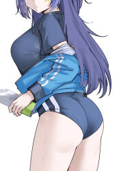 Rule 34 | 1girl, ass, black buruma, black shirt, blue archive, blue jacket, bottle, breasts, buruma, cliov, closed mouth, commentary, cowboy shot, english commentary, facial mark, head out of frame, highres, holding, holding bottle, jacket, large breasts, long hair, long sleeves, official alternate costume, open clothes, open jacket, purple hair, shirt, short sleeves, simple background, solo, star (symbol), sweat, thighs, white background, yuuka (blue archive), yuuka (track) (blue archive)